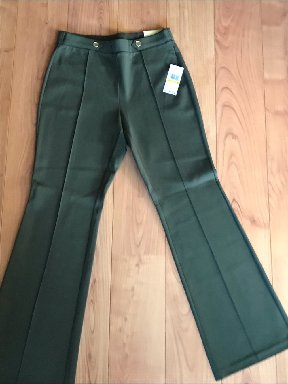 Michael Kors Olive Green Boot-Cut Dress Pants with Gold Buttons